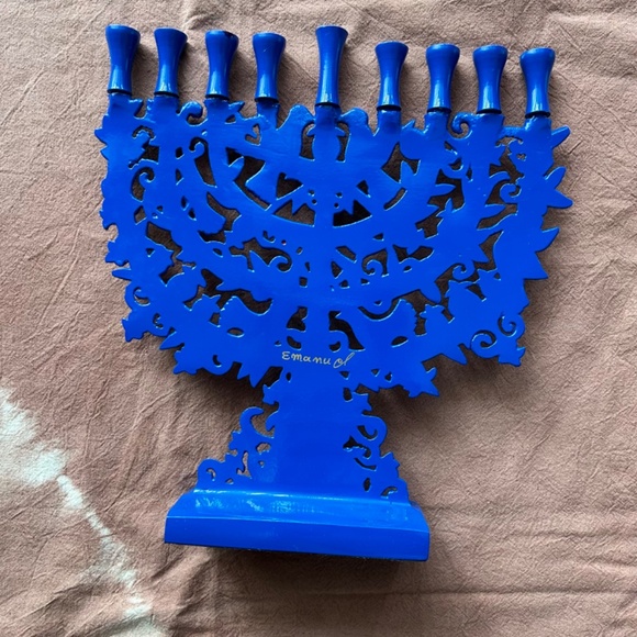 Laser Cut Hanukkah Menorah - Pomegranates + Birds, Cobalt Blue - Picture 5 of 10